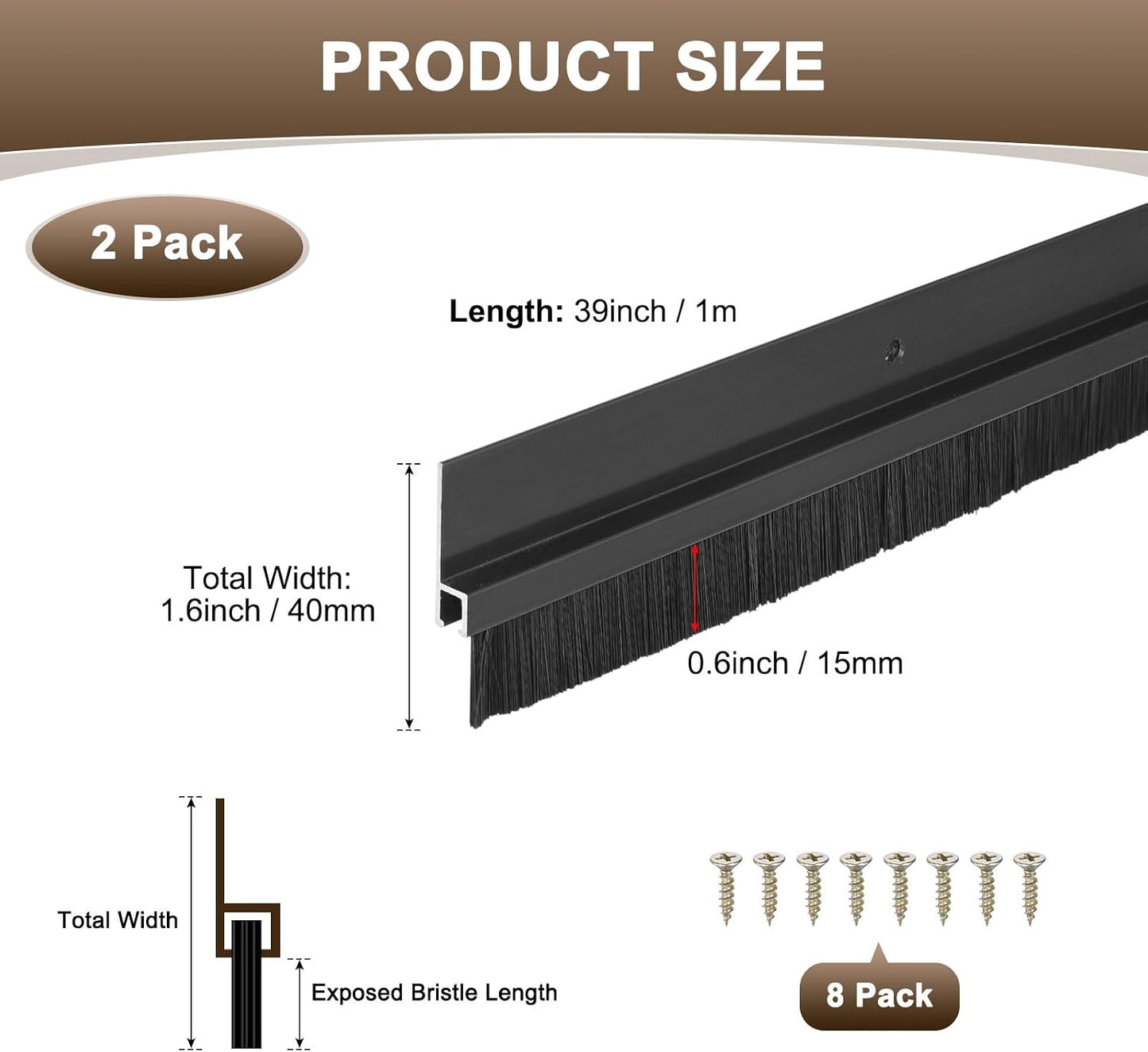 M METERXITY 2Pack Door Sweep - 39" Door Bottom Brush Heavy Duty Seal Draft Stopper Aluminum Base with 20mm Brush, Adhesive/Screw Installation for Interior/Exterior/Garage/Sliding Doors, Black