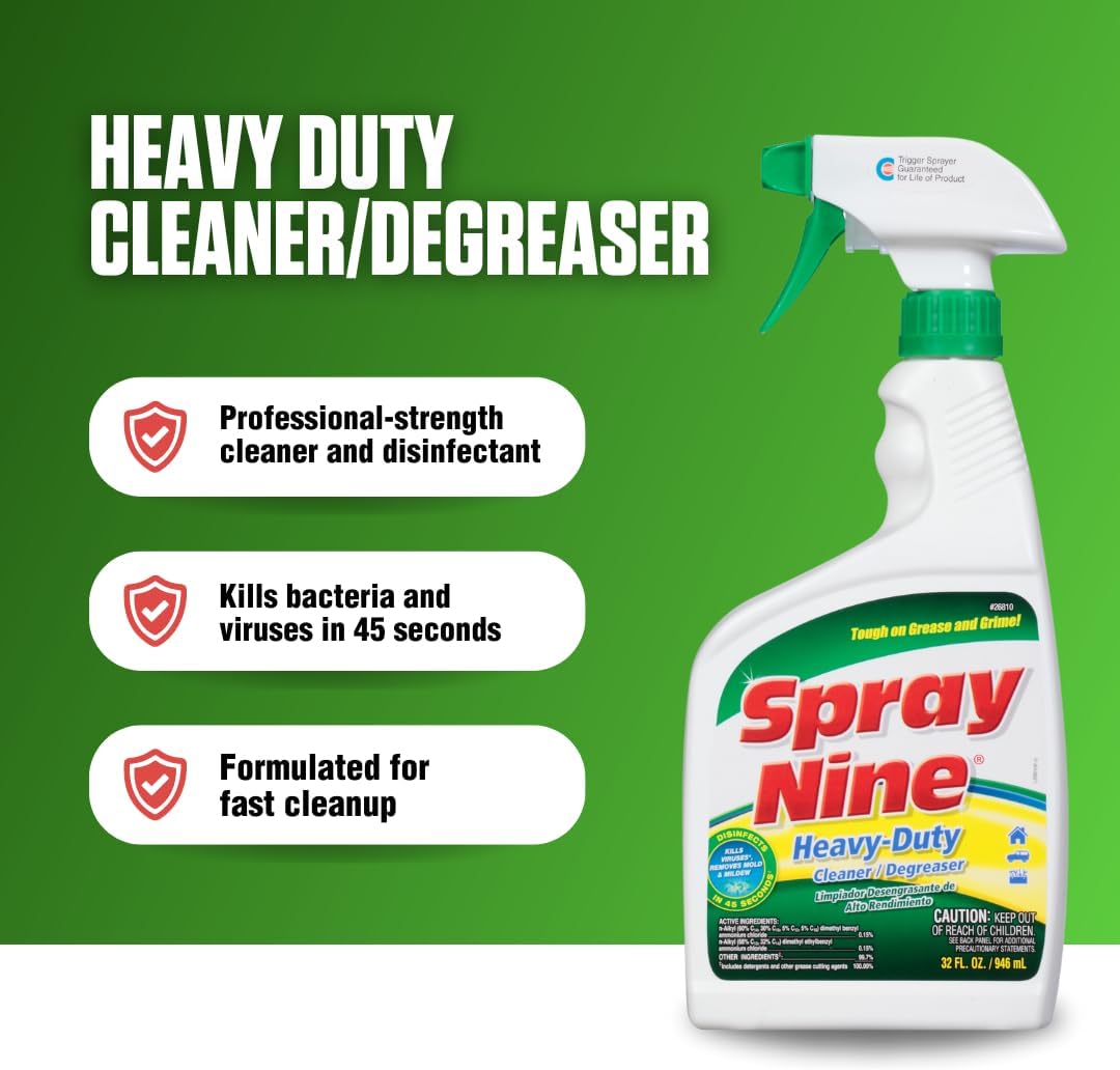 Spray Nine 26832 Heavy Duty Cleaner, Degreaser & Disinfectant for Kitchens, Bathrooms, Yard Equipment, Automotive & Industrial 32 Fl Oz. (Pack of 1)