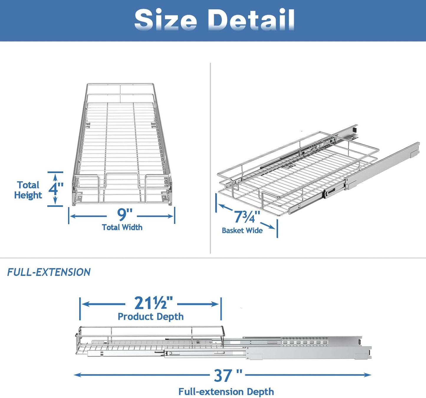ROOMTEC Pull Out Cabinet Organizer, Pull Out Shelves 5½" W x 21½" D, Heavy Duty Cabinet Drawers Slide Out Kitchen Organizers Storage Shelf