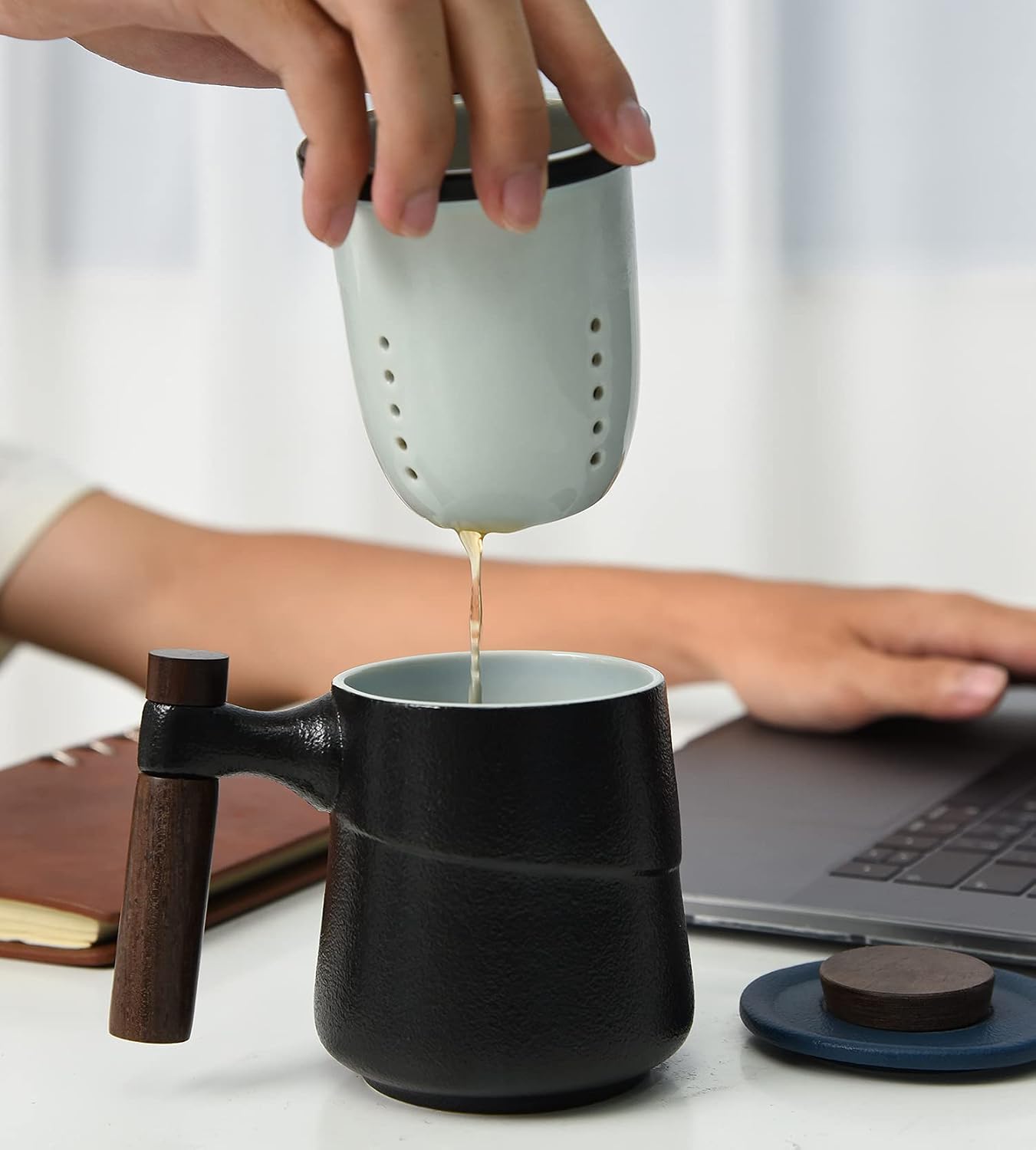 Tea Cup with Infuser and Lid, Rural style Wood Handle Ceramic Mugs Green | Tea Mug Cups with Infuser, Capacity about 320ml / 10.82 OZ, Suitable for Tea, Flower Buds, Coffee, Water, it is LEAD-FREE