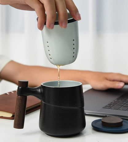 Tea Cup with Infuser and Lid, Rural style Wood Handle Ceramic Mugs Green | Tea Mug Cups with Infuser, Capacity about 320ml / 10.82 OZ, Suitable for Tea, Flower Buds, Coffee, Water, it is LEAD-FREE