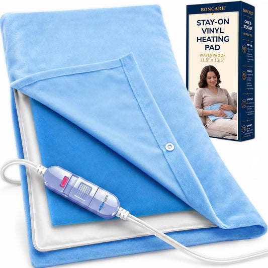 Boncare® Stay-On Small Vinyl Electric Heating Pad for Neck and Shoulders and Back Without Auto-Off, Low & High Heat Levels, Waterproof Hot Heat Pad with Washable Cover (11.5"x13.5", 1-Pack)