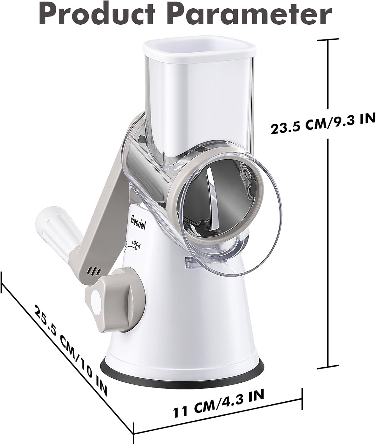 Geedel Rotary Cheese Grater, Kitchen Mandoline Vegetable Slicer with 3 Interchangeable Blades, Easy to Clean Rotary Grater Slicer for Fruit, Vegetables, Nuts | 3 Blades, 430 Stainless Steel, 12x Fast Cutting, Strong Suction Base, No BPA, Dishwasher Safe,