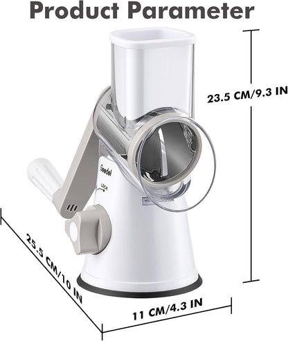 Geedel Rotary Cheese Grater, Kitchen Mandoline Vegetable Slicer with 3 Interchangeable Blades, Easy to Clean Rotary Grater Slicer for Fruit, Vegetables, Nuts | 3 Blades, 430 Stainless Steel, 12x Fast Cutting, Strong Suction Base, No BPA, Dishwasher Safe,