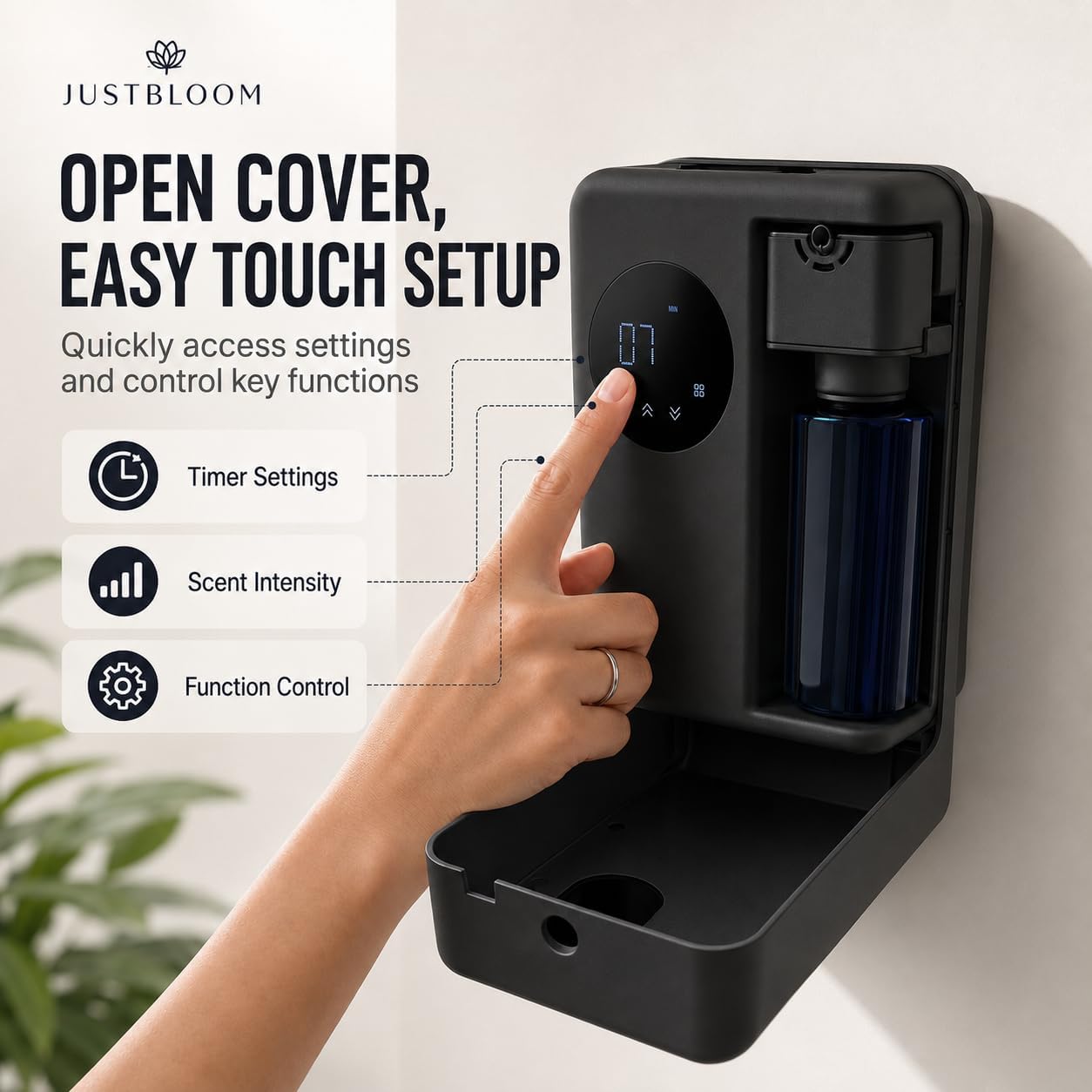 JUSTBLOOM Hotel Essential Oil Diffuser, Waterless Fragrance Diffuser | Up to 4000 Sq Ft: Smart App Control, Cold Air Diffusion, ,360° Ambient Light, Auto Shut-Off, Premium Aluminum Design