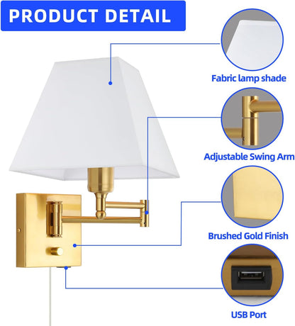 Wall Mounted Lamp Plug in Wall Sconce with Dimmable Switch Swing Arm Wall Lamp Whire Fabric Shade with USB Port Gold Wall Sconce Suitable for Hallway Bedroom Living Room…