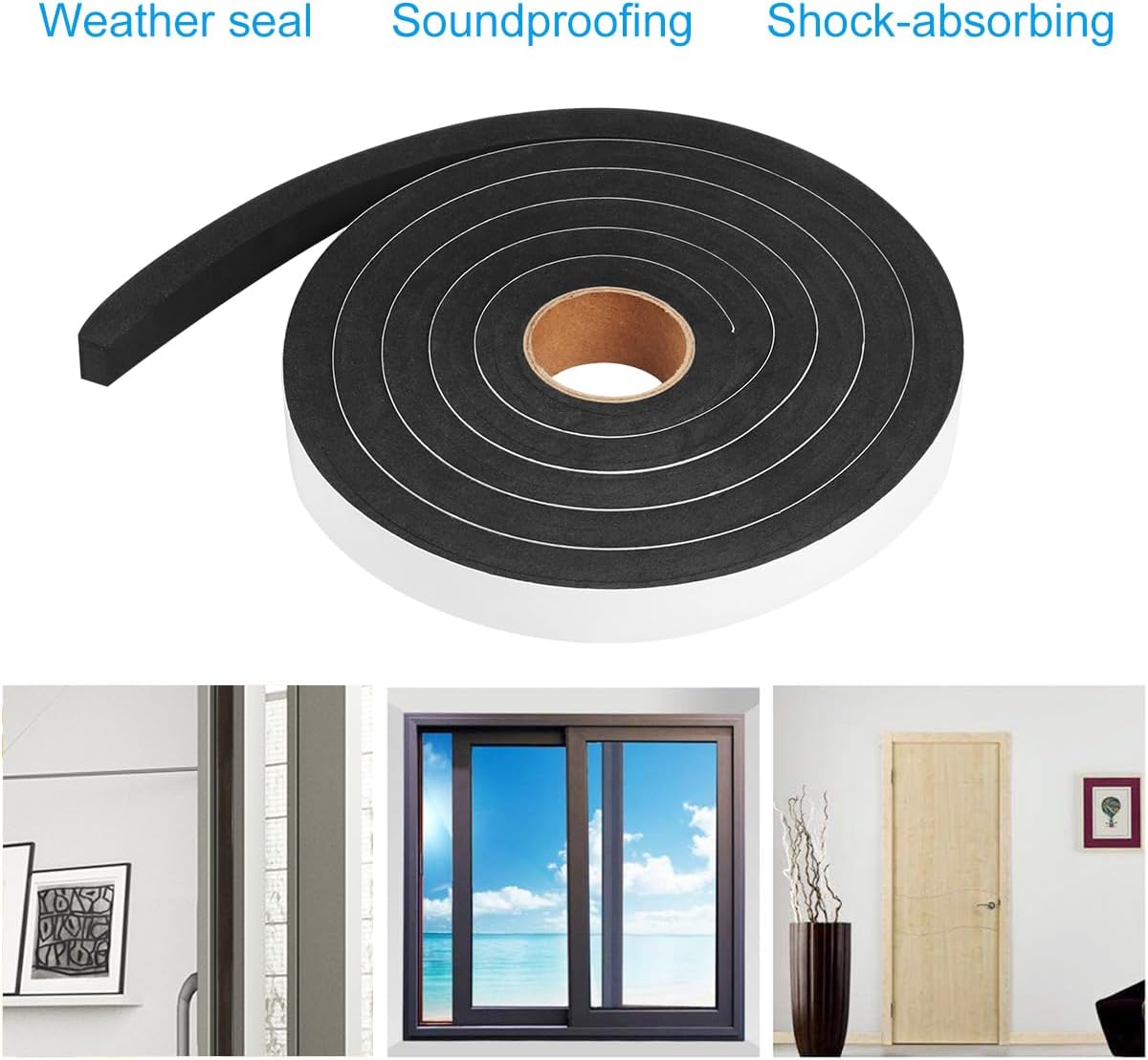 2 Rolls Foam Seal Tape for Door Window Insulation, Soundproof and Shockproof Foam Adhensive Strip, 3/8" Wx3/16 T Single Sided Foam Tape, Cold Air and Draft Closed Cell Seal Strip,Total 32FT