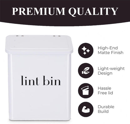 Magnetic Lint Bin with Lint Brush, two white hooks, one black back hook & all accessories for Laundry Room decor, Wall-Mounted Lint Bin with Lid, Powder Coated, Space-Saving Trash Can (Black)