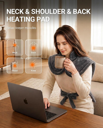 Electric Heating Pad for Neck Shoulder: Heated Wrap for Back Pain Relief, 6 Heat Levels, Weighted Heat pad 33x24in - Auto Shut-Off, ETL Safety Certified, Flannel Gifts for Women Men