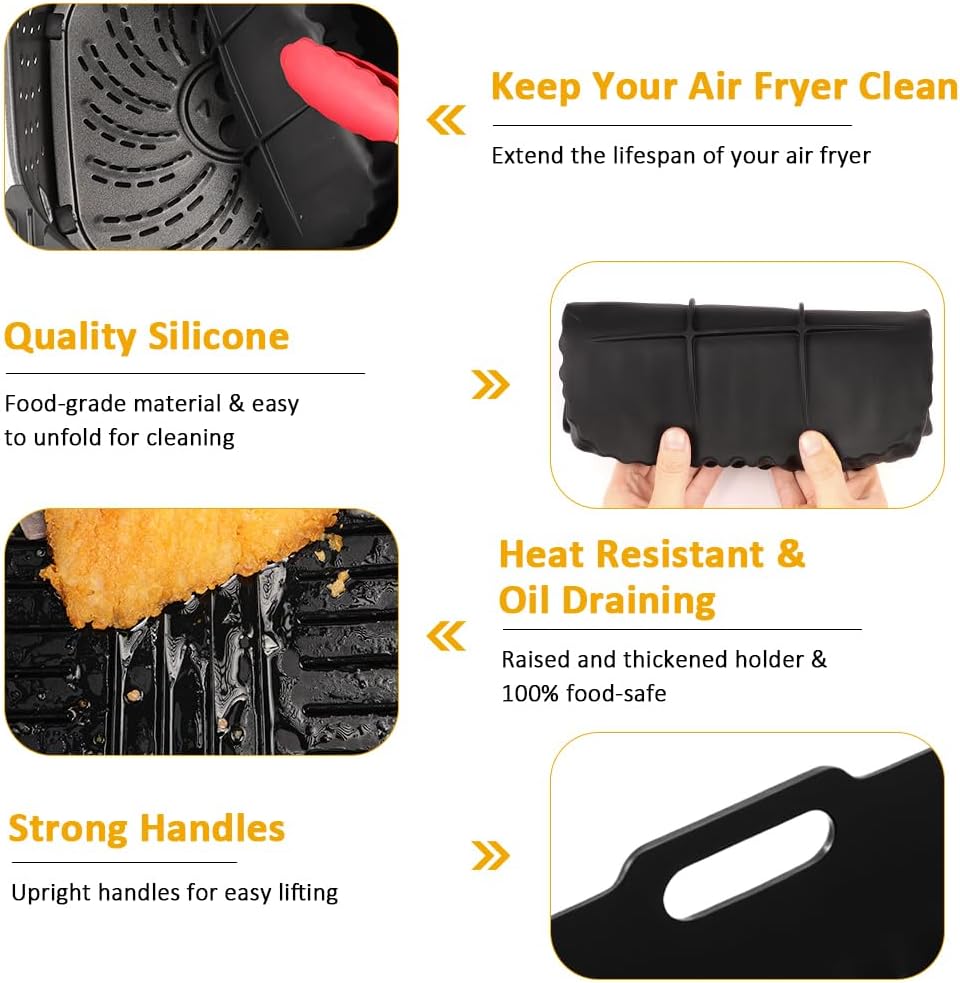 BYKITCHEN 9 Inch Square Silicone Air Fryer Liners for 6 to 8QT, Set of 2, Reusable Silicone Airfryer Tray Insert, Air Fryer Accessories for Corsori 6QT, Ninja Airfryer Pro XL 6.5QT, Gourmia & More
