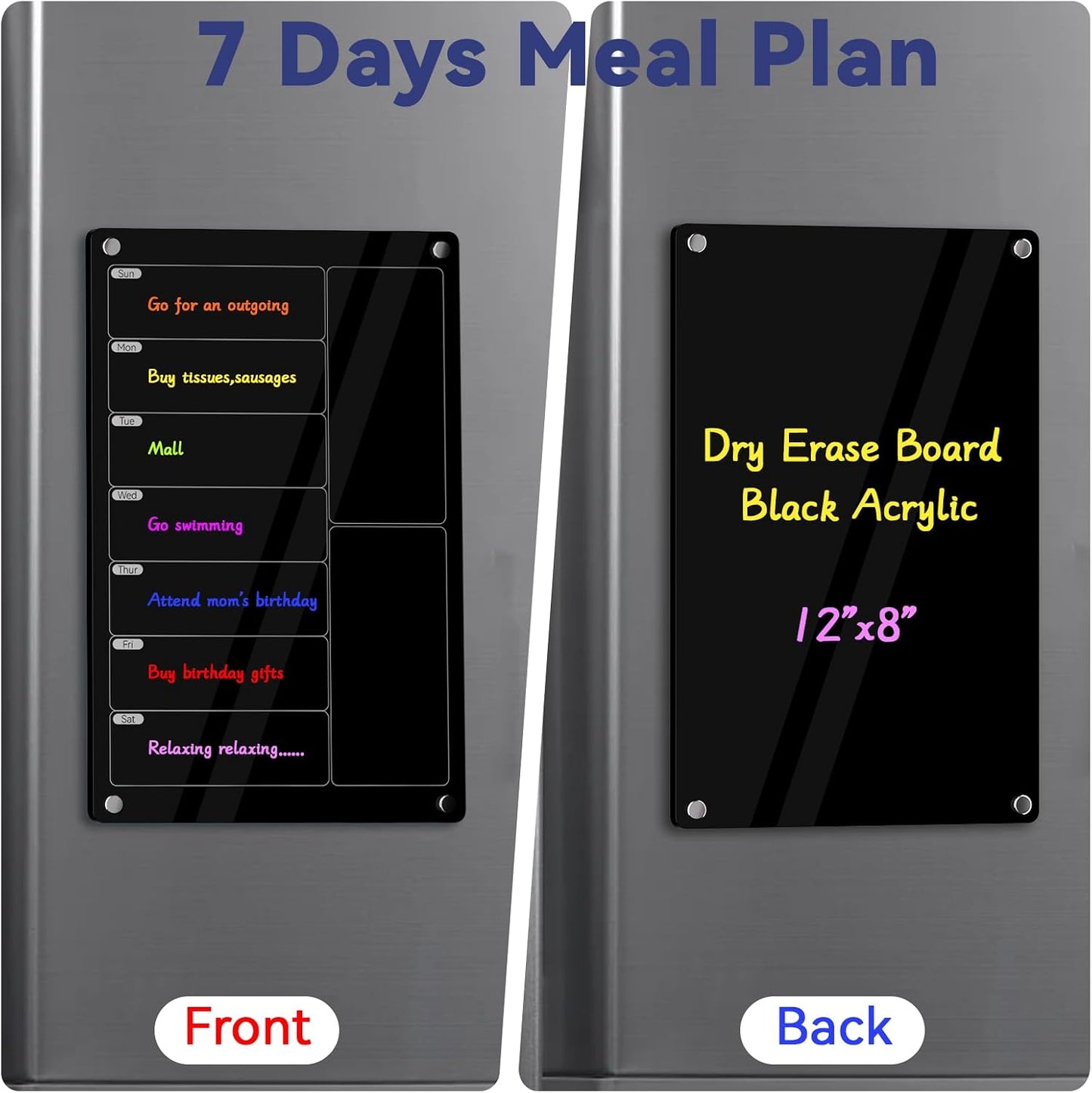 YNGRUE Acrylic Meal Planner Magnetic Menu Board for Kitchen Fridge,Magnetic Black Weekly Calendar Planner Board Refrigerator Dry Erase Board to Do Chore Chart,Grocery/Shopping List,12"x8"