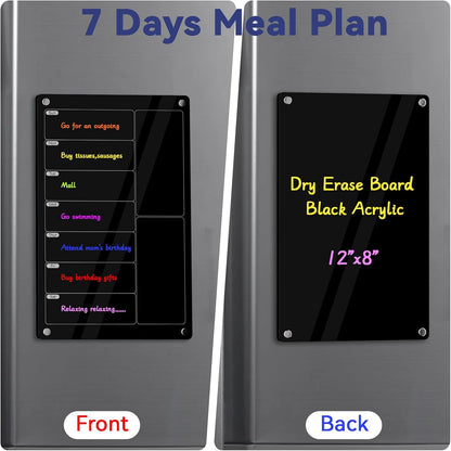 YNGRUE Acrylic Meal Planner Magnetic Menu Board for Kitchen Fridge,Magnetic Black Weekly Calendar Planner Board Refrigerator Dry Erase Board to Do Chore Chart,Grocery/Shopping List,12"x8"