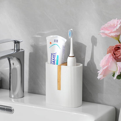 Toothbrush Holders for Bathroom, Bamboo Electric Toothbrush Stand, White | Toothbrush and Toothpaste Organizer for Sink Countertop, Bathroom Storage Stand for Brushing Accessories