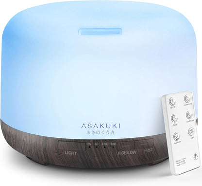 ASAKUKI Essential Oil Diffuser for Home, 500ML Aromatherapy Diffuser Humidifier with Remote Control, 7 Color LED Lights, Quiet Cool Mist Diffuser for Bedroom, Living Room, Office (White)