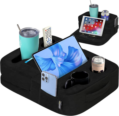 Couch Cup Holder Tray Pillow - Bed, Couch Caddy, Sofa, RV & Car - Holds Drinks, Snacks, Remotes, Phones, Kindle, Tablet | Bed Cup Holder (Grey)