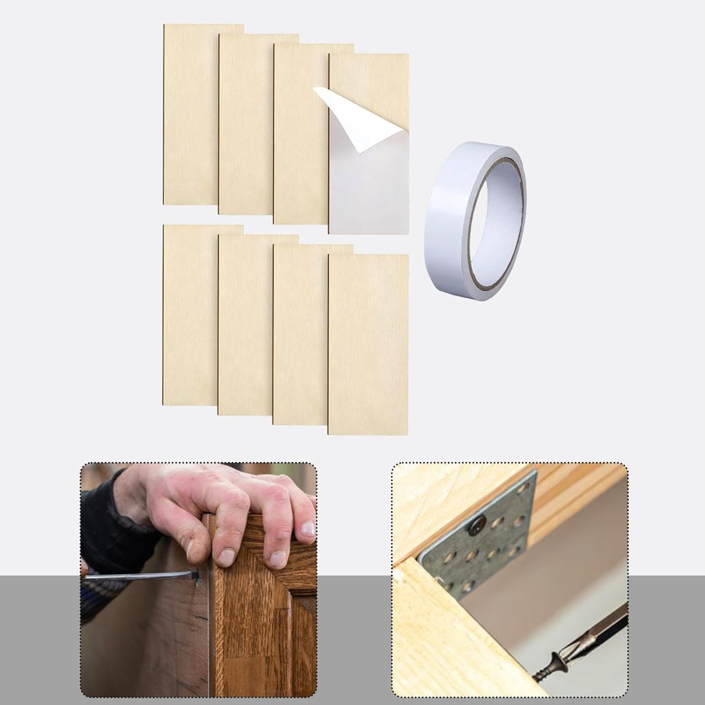 8 Pieces Hinge Repair Wooden Plate Door Hole Cover Plate Wooden Hinge Filler Wood Repair Kit with Tape Simple Panel Suitable for Cabinet, Square Corner, 8 Piece