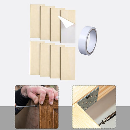 8 Pieces Hinge Repair Wooden Plate Door Hole Cover Plate Wooden Hinge Filler Wood Repair Kit with Tape Simple Panel Suitable for Cabinet, Square Corner, 8 Piece