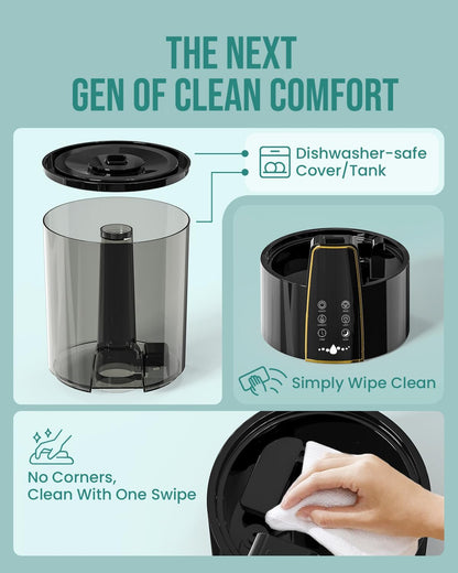 Humidifiers for Bedroom Large Room,1.06Gal(4L) Dishwasher Safe Design,Top Fill,Cool Mist,Humidity Control,Night Light,Aroma Diffuser,12H Timer,Sleep Mode,3 Level Mist,360° Nozzle,Black