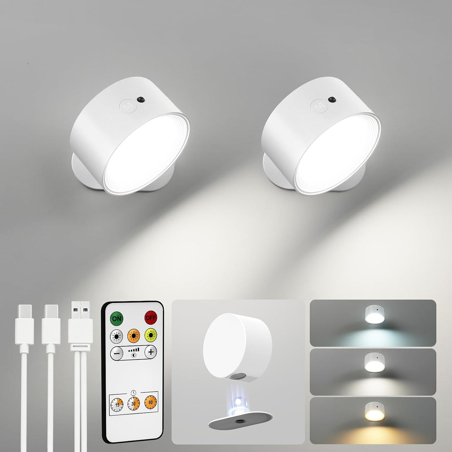 LED Wall Mounted Lights, Rechargeable Wall Sconces, 3 Color Temps, Remote & Touch, 360° Rotating and Dimmable for Bedroom, Bedside & Reading (Black, 2 Pack)
