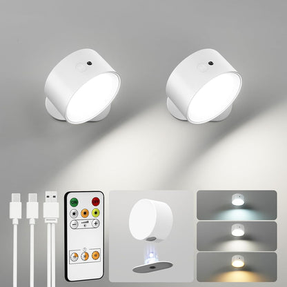 LED Wall Mounted Lights, Rechargeable Wall Sconces, 3 Color Temps, Remote & Touch, 360° Rotating and Dimmable for Bedroom, Bedside & Reading (Black, 2 Pack)