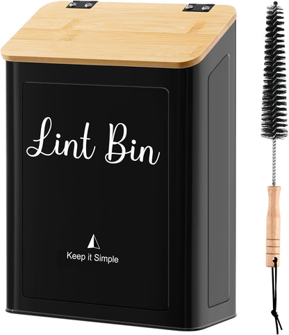 SUBEKYU Magnetic Lint Bin for Laundry Room Organization and Storage,White | Wall Mounted Metal Lint Box Holder Trash Can with Bamboo Lid for Dryer,Lint Basket for Laundry Room Decor