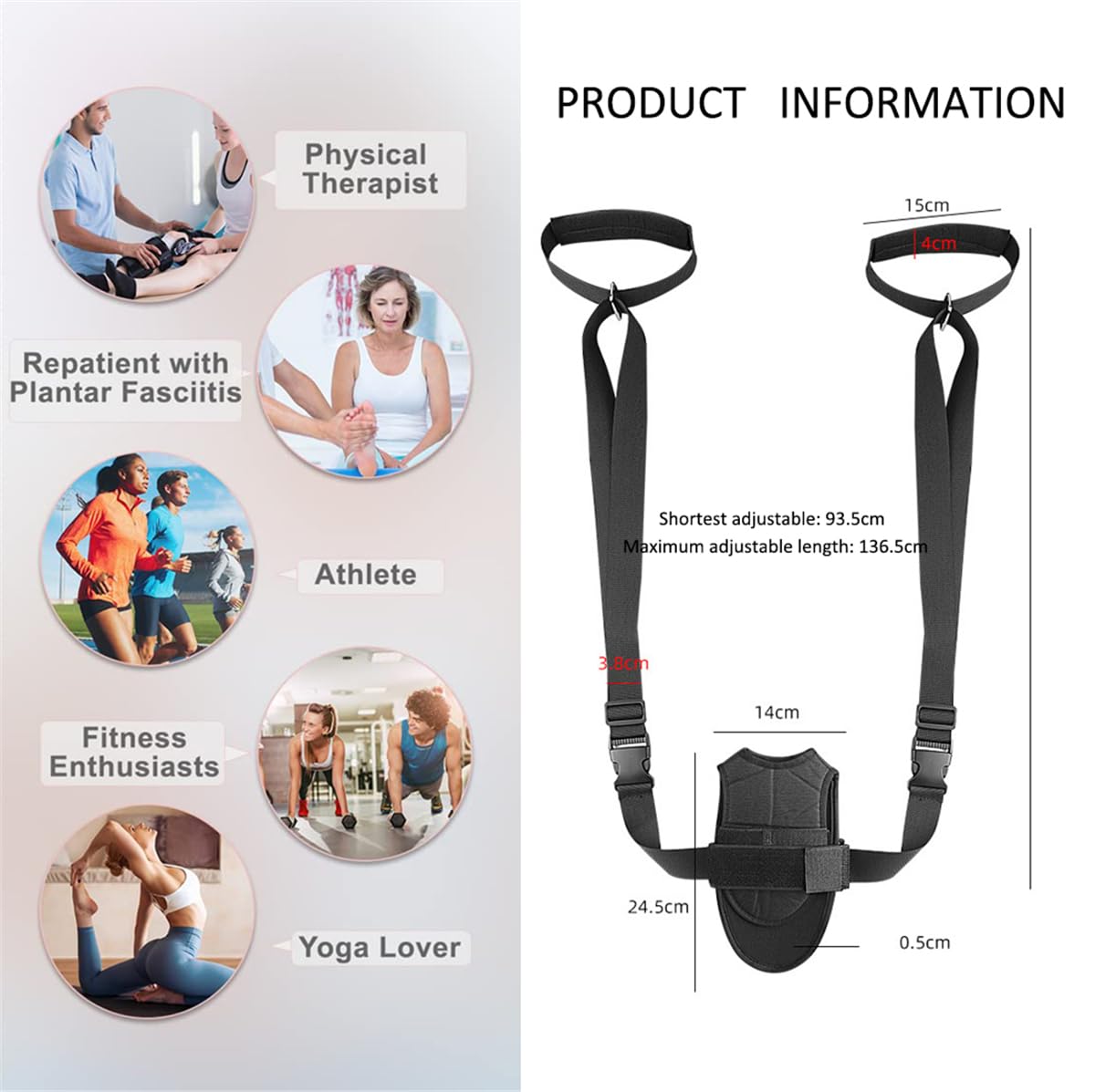 Foot and Calf Stretcher for Plantar Fasciitis Achilles Tendonitis Heel Spurs Drop Foot, Leg Hamstring Stretcher, Adjustable Yoga Stretching Strap with Double Handle, for Improve Strength, Pain Relief