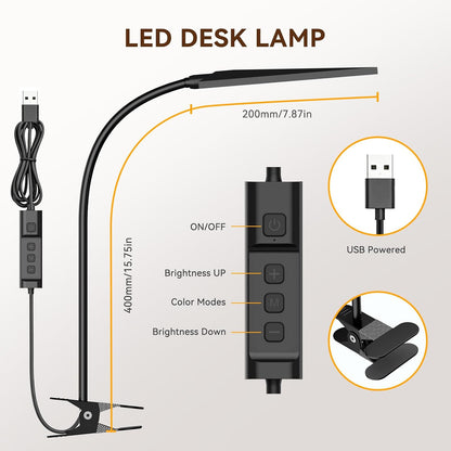 Clip on Desk Lamp, 5W LED Reading Light, 400 Lumens Book Light, 3 Color Modes 6 Brightness Levels, USB Powered Adjustable Neck Lamp for Desk, Bedside, Study, Office