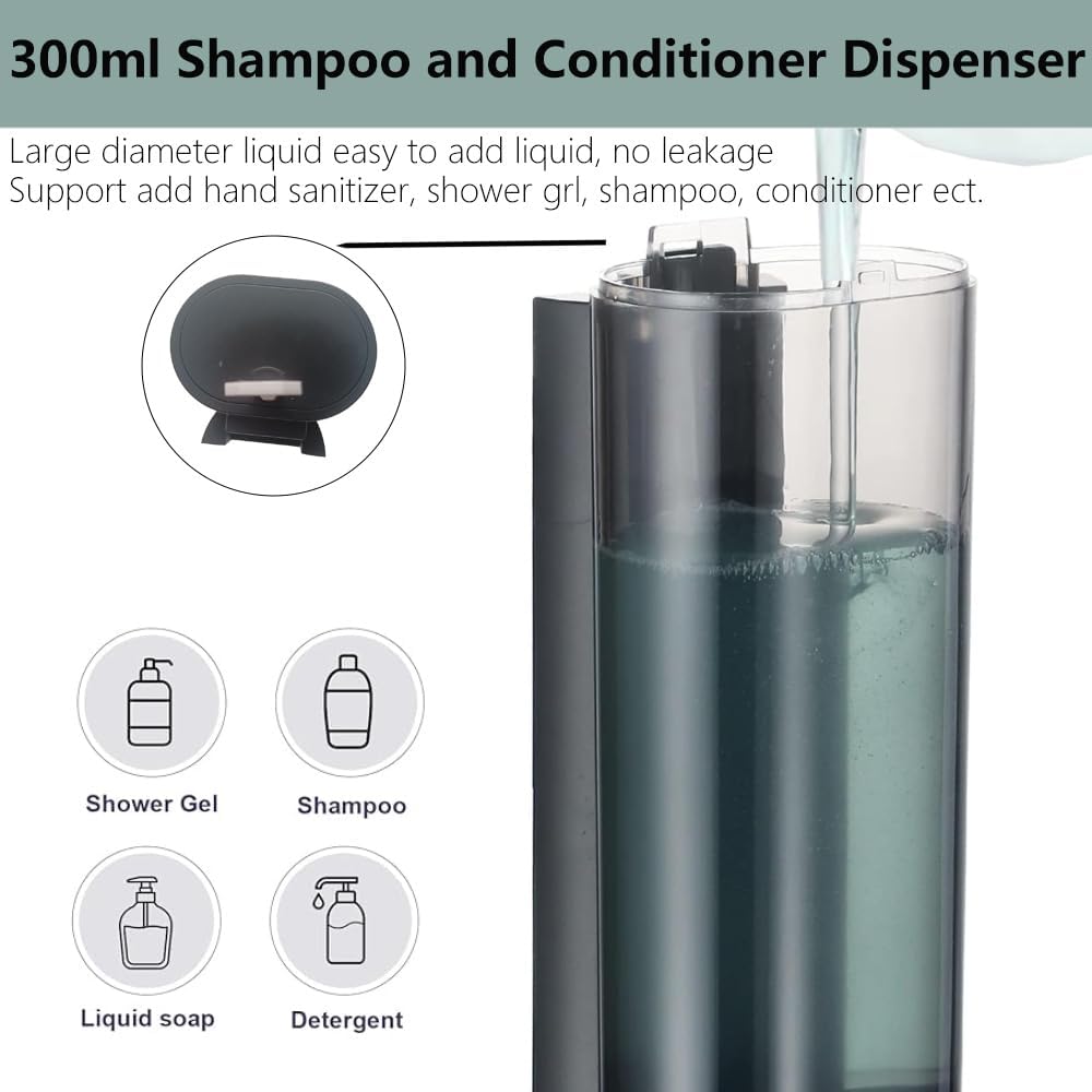 10oz/300ml Single Manual Wall Mounted Soap Dispenser, Black | Bathroom Shampoo and Conditioner Dispenser, Clear Plastic Refillable Liquid Lotion Pump Dispenser and Organizer
