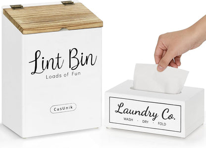 Magnetic Lint Bin and Dryer Sheet Holder Set for Laundry Room Organization | Wall Mounted Laundry Organization and Storage,Wooden Lint Trash Can with Lid and dryer sheet dispenser,Laundry Room Trash Can
