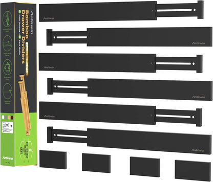 Bamboo Drawer Dividers, Expandable Drawer Separators Splitter, 17-22 inches Adjustable Spring-loaded Organizer for Large Utensil, Clothes, Tools Drawers, 6 Pack Dividers + 4 Pack Baffle