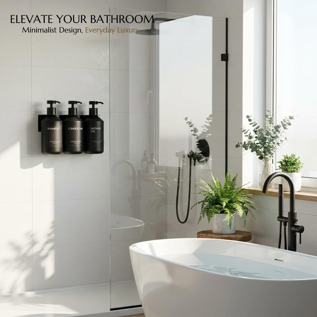 Shampoo and Conditioner Dispenser Set of 3 for Wall Mount | 16.9 fl oz Drill Free Shower Soap Bottles,Refillable Body Wash Dispensers for Bathroom Decor (Amber Bottles + Bamboo Pumps)
