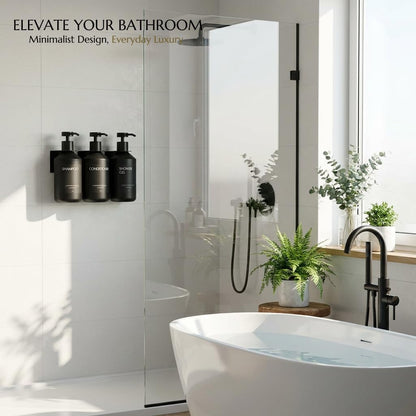 Shampoo and Conditioner Dispenser Set of 3 for Wall Mount | 16.9 fl oz Drill Free Shower Soap Bottles,Refillable Body Wash Dispensers for Bathroom Decor (Amber Bottles + Bamboo Pumps)