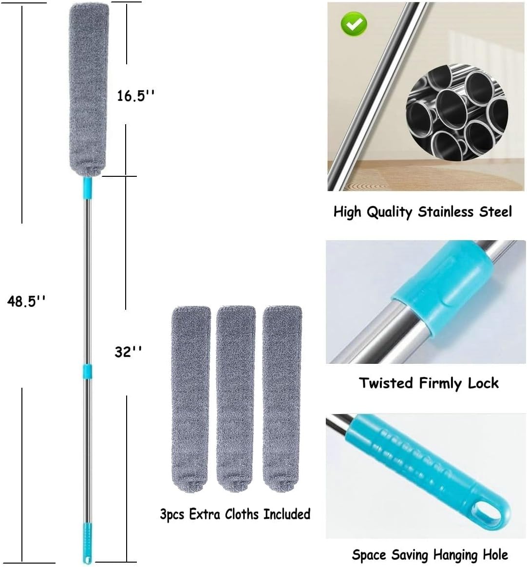 Retractable Gap Dust Cleaner Cleaning Tools with 3 Microfiber Dusting Cloths Long Handle 48.5inches Washable and Retractable Duster Brush for Cleaning Under Appliances Furniture Couch Fridge