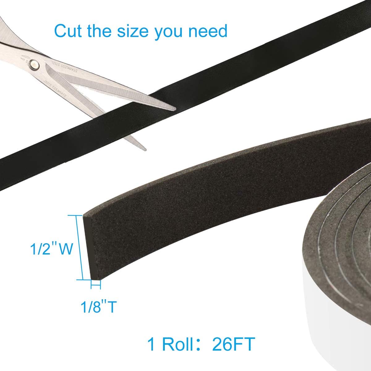 2 Rolls Foam Seal Tape for Door Window Insulation, Soundproof and Shockproof Foam Adhensive Strip, 3/8" Wx3/16 T Single Sided Foam Tape, Cold Air and Draft Closed Cell Seal Strip,Total 32FT