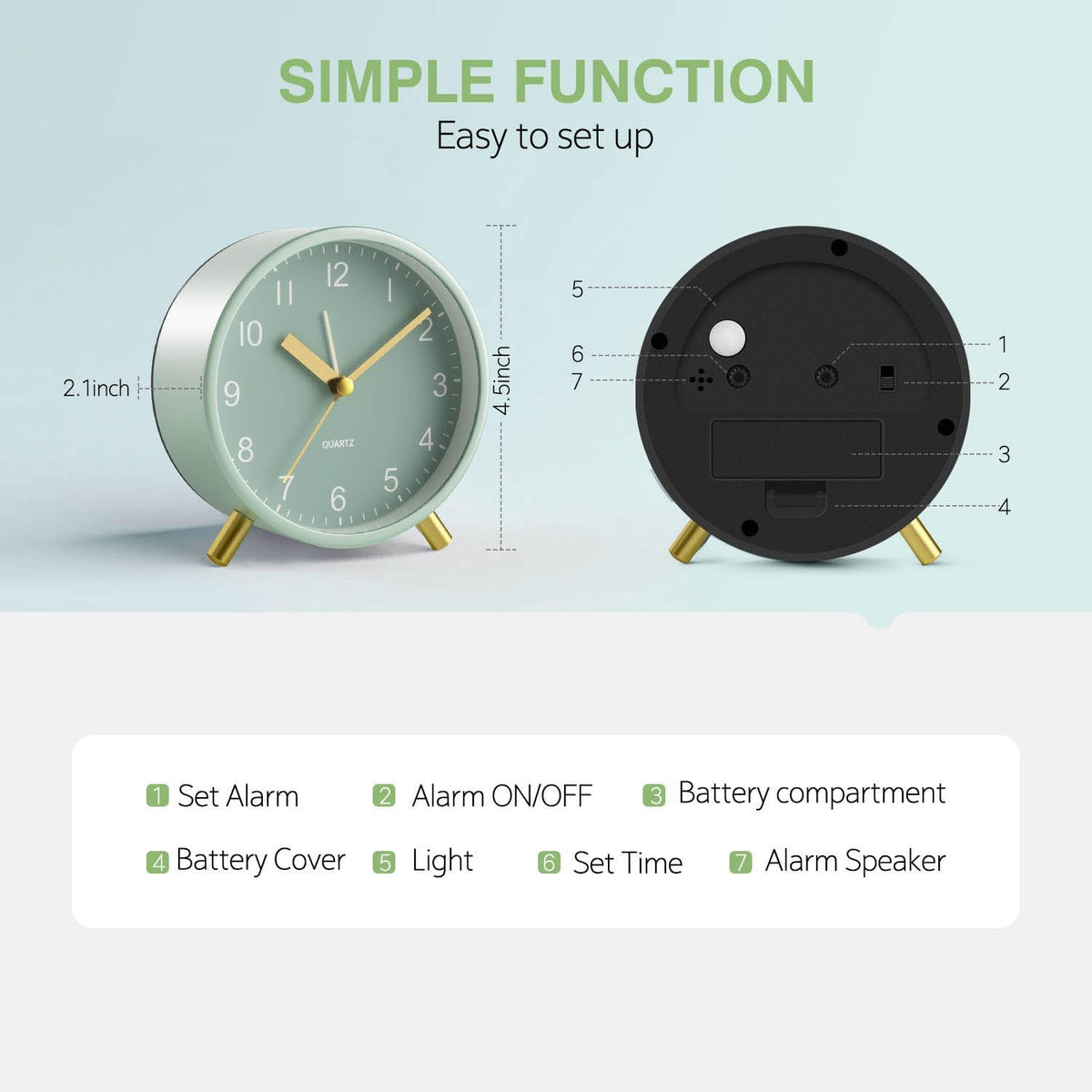 Analog Alarm Clock, Silent Non-Ticking with Night Light, Fashionable Round Metal Alarm Clock for Office, Battery Operated, Bedroom, Elderly, Adults, Children, Student Gifts