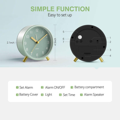 Analog Alarm Clock, Silent Non-Ticking with Night Light, Fashionable Round Metal Alarm Clock for Office, Battery Operated, Bedroom, Elderly, Adults, Children, Student Gifts