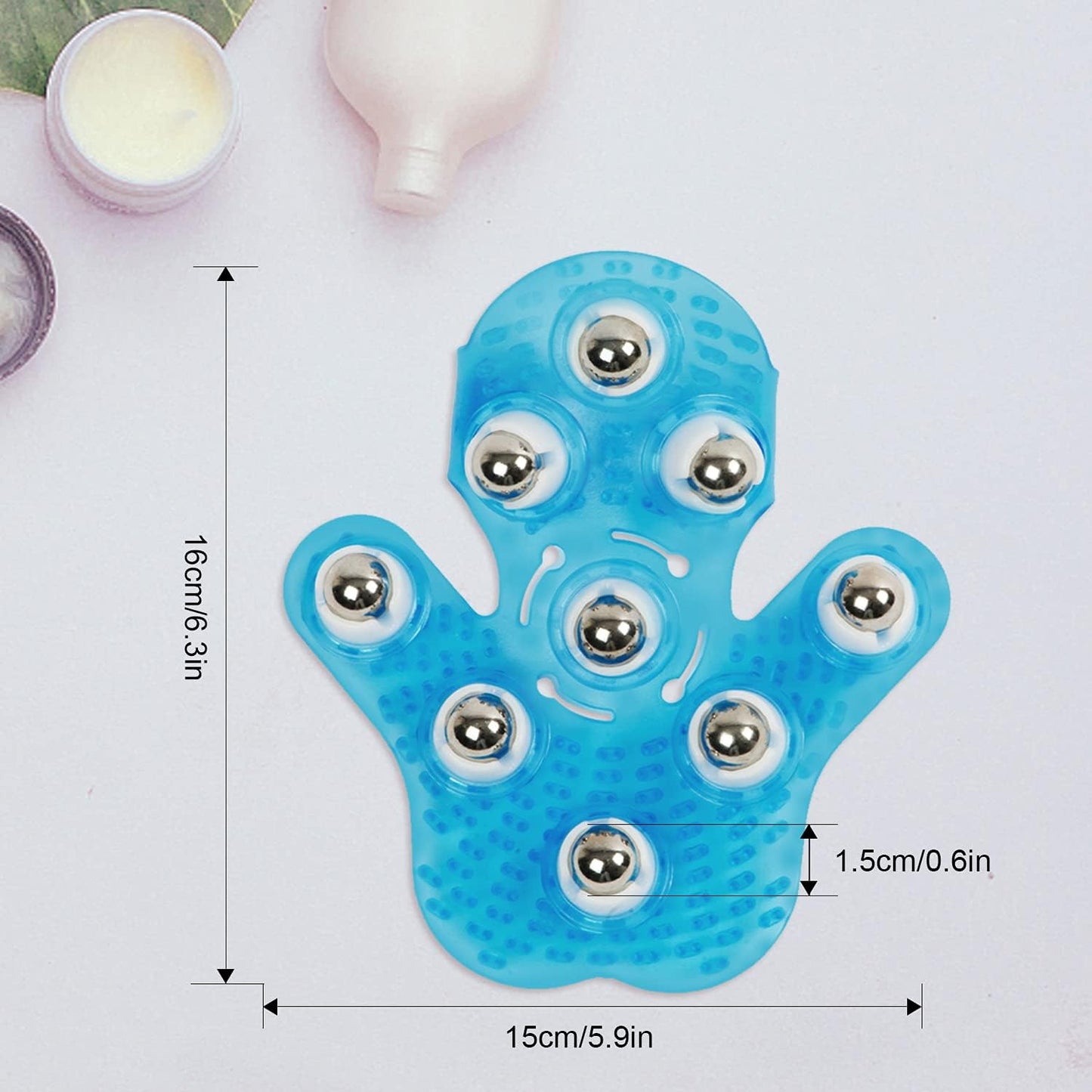 Handheld Massage Ball for Muscle Back Neck Joint Foot Shoulder Leg Pain Relief - Palm Shaped Massage Tool with Roller Balls, Portable Design, Blue