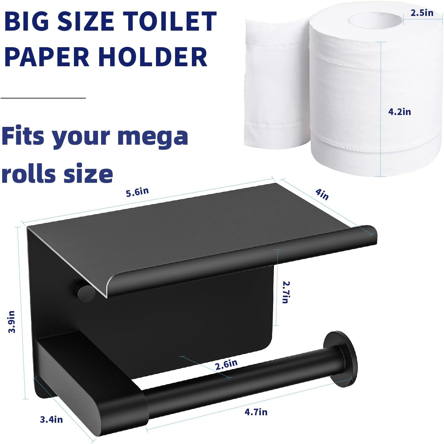 GLNLQ Matte Black Toilet Paper Holder with Shelf, Fits Mega Rolls Size | Adhesive or Screw-in, Waterproof and Rustproof Stainless Steel, Wall Mount Design, Modern Stylish Design, for Bathroom, RV