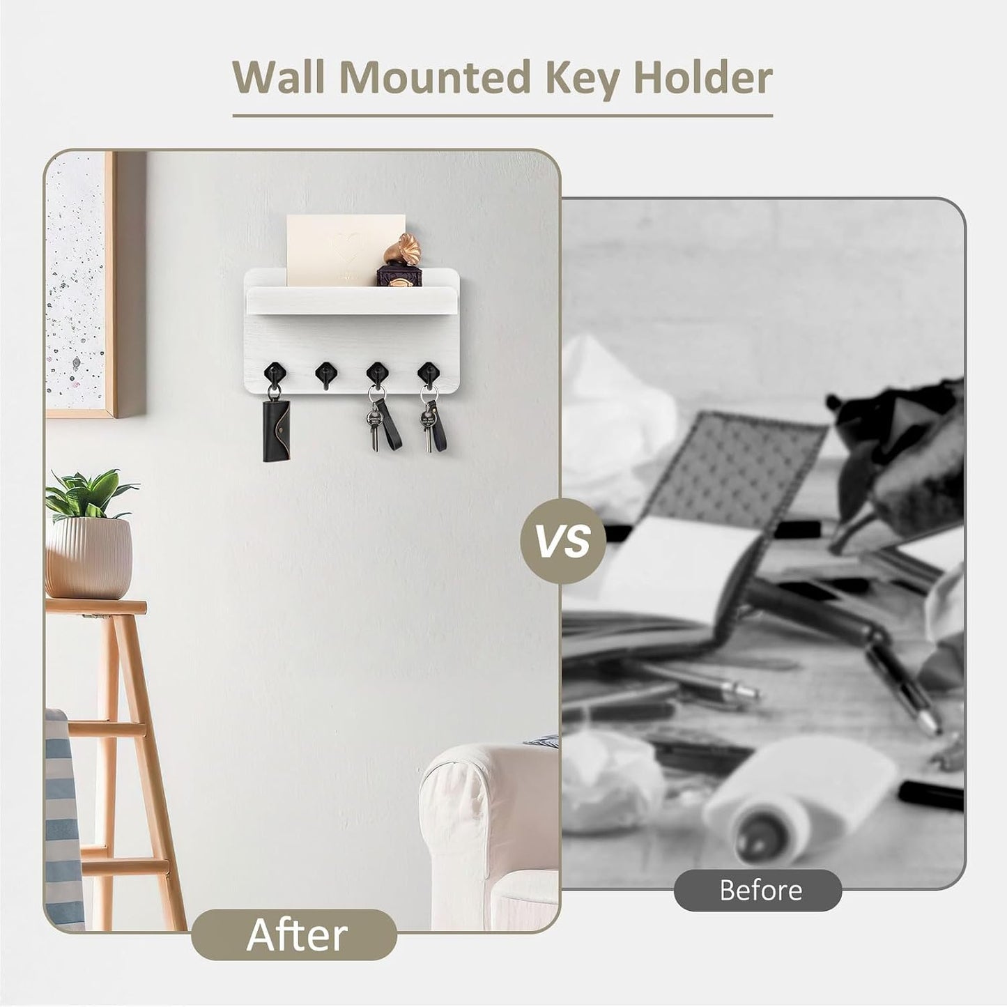 Nekon Key Holder Wall Mount, 8.5 Inch Small Wooden Wall Organizer, Black | Rustic Wall Shelf, Farmhouse Key and Mail Holder for Living Room Entryway Kitchen