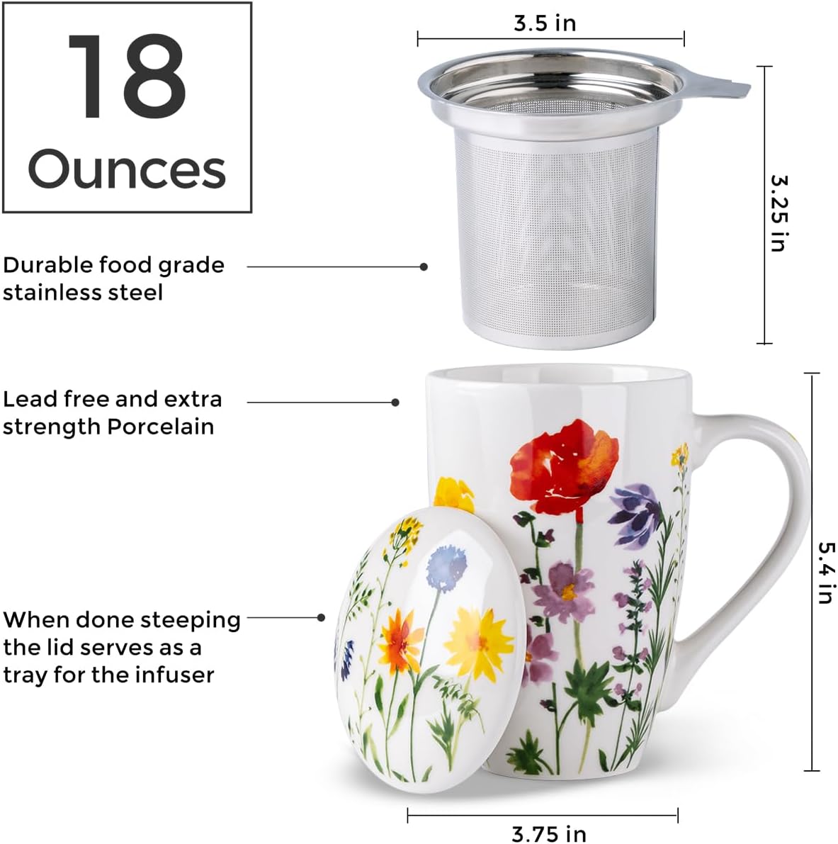 AmorArc Tea Cup With Infuser and Lid, 18oz Loose Leaf Tea Mug With Steeper | Porcelain Tea Mug With Infuser and Lid, Strainer Tea Cup for Tea Lovers, Home & Office, Housewarming Birthday Gift