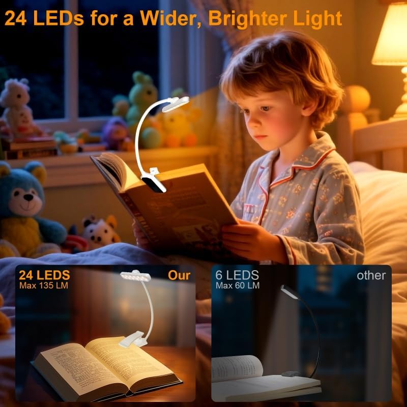 karidi Rechargeable 24 LED Book Light for Reading, 360° Flexible Gooseneck, 5 Color Tones, Clip-on for Books/Tablet/Bed, USB-C, 80H Glare-Free Eye Care (Black)