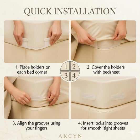 Bed Sheet Holders for Corners — 4-Pack Sheet Suspenders & Sheets Holder, Strong Grip Bed Accessories,Fitted Sheet Holder, Keeps Sheets Tight & Smooth, Easy Install & Fits All Mattress Type