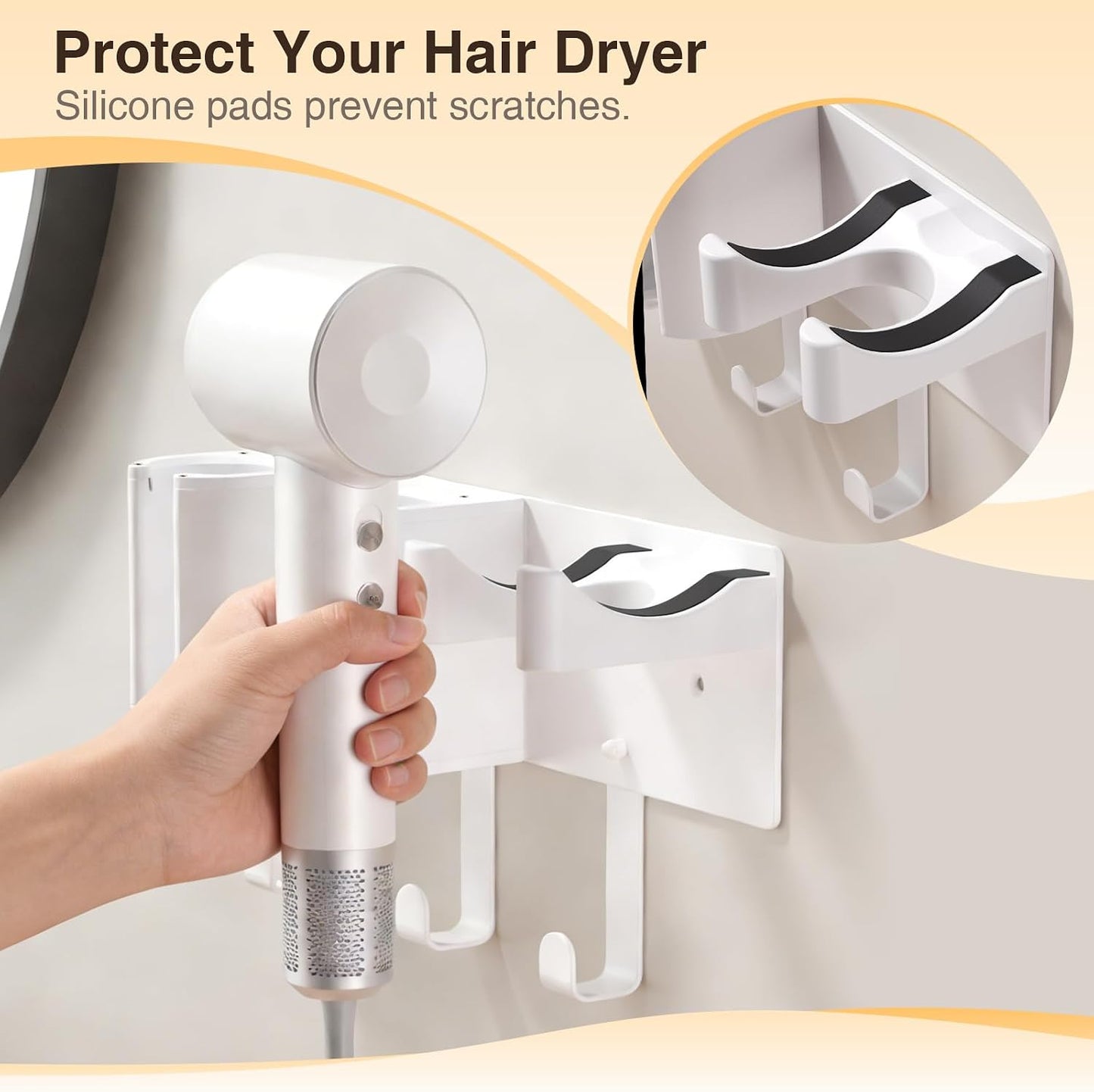 Hair Tool Organizer Wall Mount, Hair Dryer & Curling Iron Storage | 3-Compartment Blow Dryer and Straightener Holder, Screw Mounting, Aluminum Alloy & ABS, White (Hair Tools Not Included)