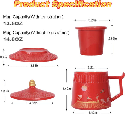 Loose Leaf Tea Cup with Infuser and Lid, 14.8oz Chinese Ceramic Mug with Fine Mesh Strainer, Office Steeping Cup for Tea Lovers Gifts