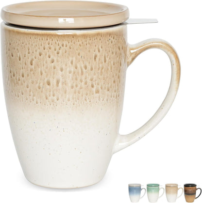 Bosmarlin Ceramic Tea Cup with Infuser and Lid, 13.5 Oz, Loose Leaf Tea Steeper Mug with Strainer, Microwave and Dishwasher Safe, Reactive Glaze (13.5 Oz, Pale Green)