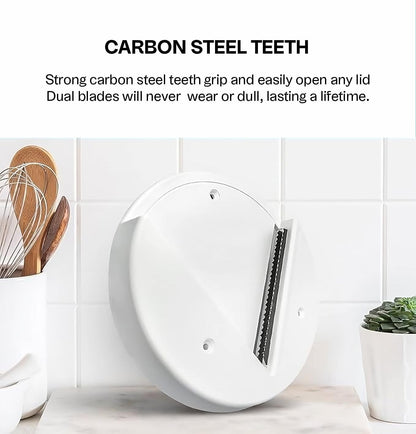 Under Cabinet Jar Opener for Seniors with Arthritis - One-Handed Bottle & Lid Opener for Weak Hands - Easy Grip Kitchen Gadget for Stubborn Lids, V-Shape Gripper (White)