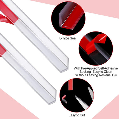 2 Pcs L-Type Seal Strip 3/8'' X 73'' Clear Vinyl Glass Shower Door | Self-adhesive for Easy Install, Water Dam at Shower Bottom Threshold, Fits Frameless Glass Gaps, Prevents Bathroom Leaks
