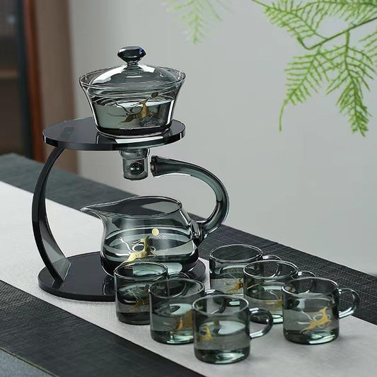 Glass Teapot Set Semi Automatic Drip Rotating with Infuser Chinese Heat-Resistant Lazy Kungfu Tea Set with 6pcs Teacups (Clear)