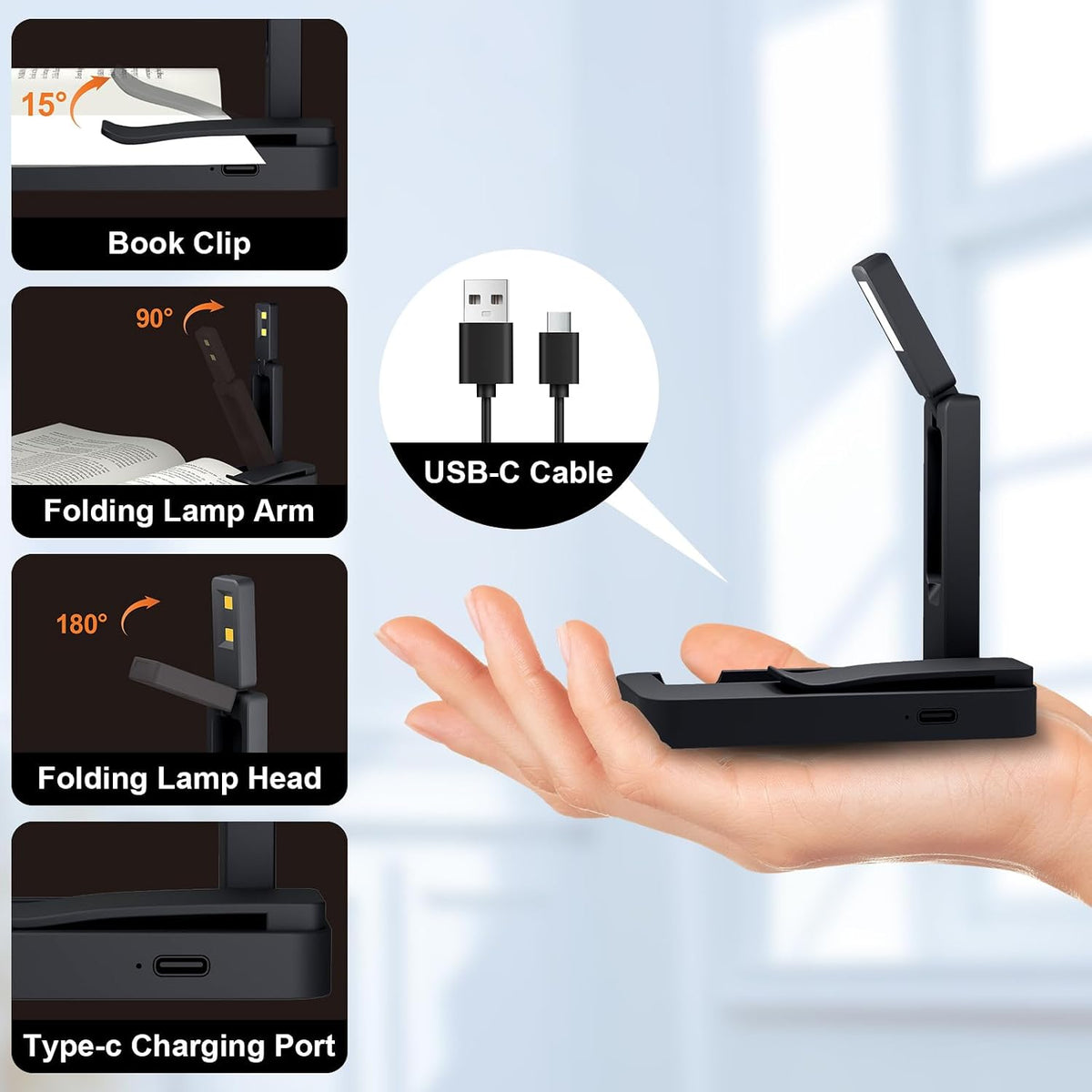 NEWZCLA【2 Pack】Rechargeable Book Light for Reading in Bed,Foldable Clip-On Reading Light,Lightweight 3 Color Amber Eye Care & Stepless Dimming,80H Lasting LED Lamp Gifts for Book Lovers,Travel/2*Black