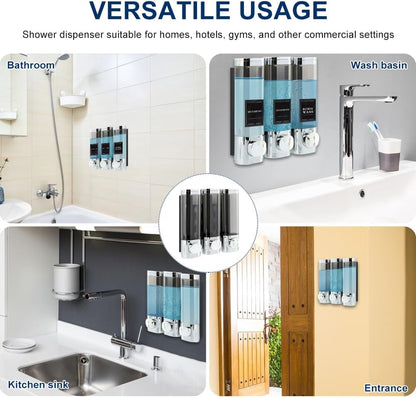 Shampoo and Conditioner Dispenser 3 Chamber No Drill Shower Soap Dispenser Wall Mounted, Shampoo Dispenser for Shower Wall Body Wash Dispenser for Bathroom Toilet Hotel Kitchen